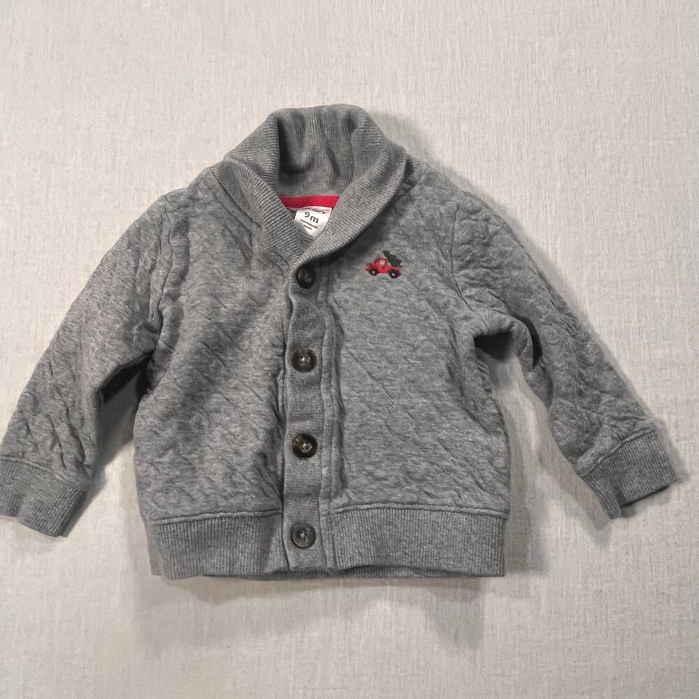 Carters 9M Baby Grey Shawl Collar Cardigan Red Car Embroidery Cozy Christmas Boy